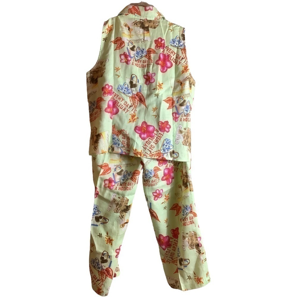 VINTAGE 90’s Dandy Cruise Print Linen Outfit Tie Front Top Cropped Pants MediumF - Picture 2 of 6